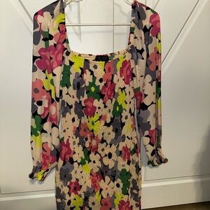 Floral Print Dress with Sheer Sleeves